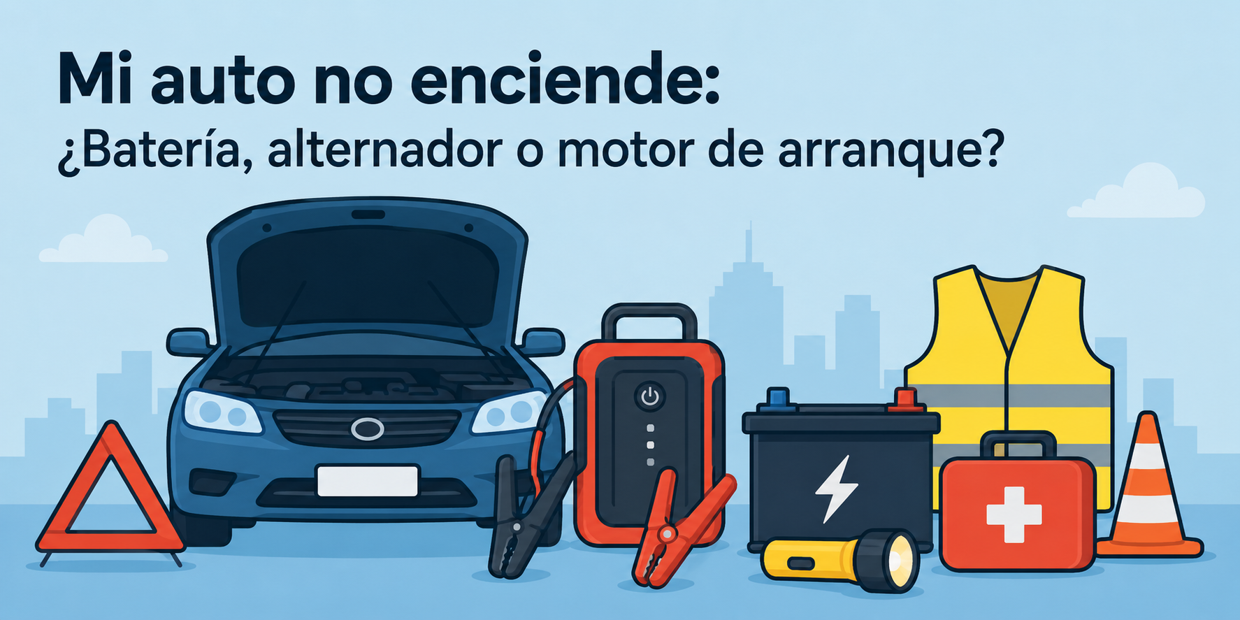 Auto no enciende con el capó abierto junto a una batería y un arrancador portátil